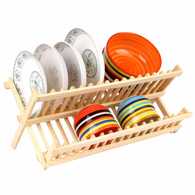 Scolapiatti in Bambù Pieghevole a 2 Ripiani, Portapiatti da Cucina Salvaspazio, 34cm Altezza, Naturale
