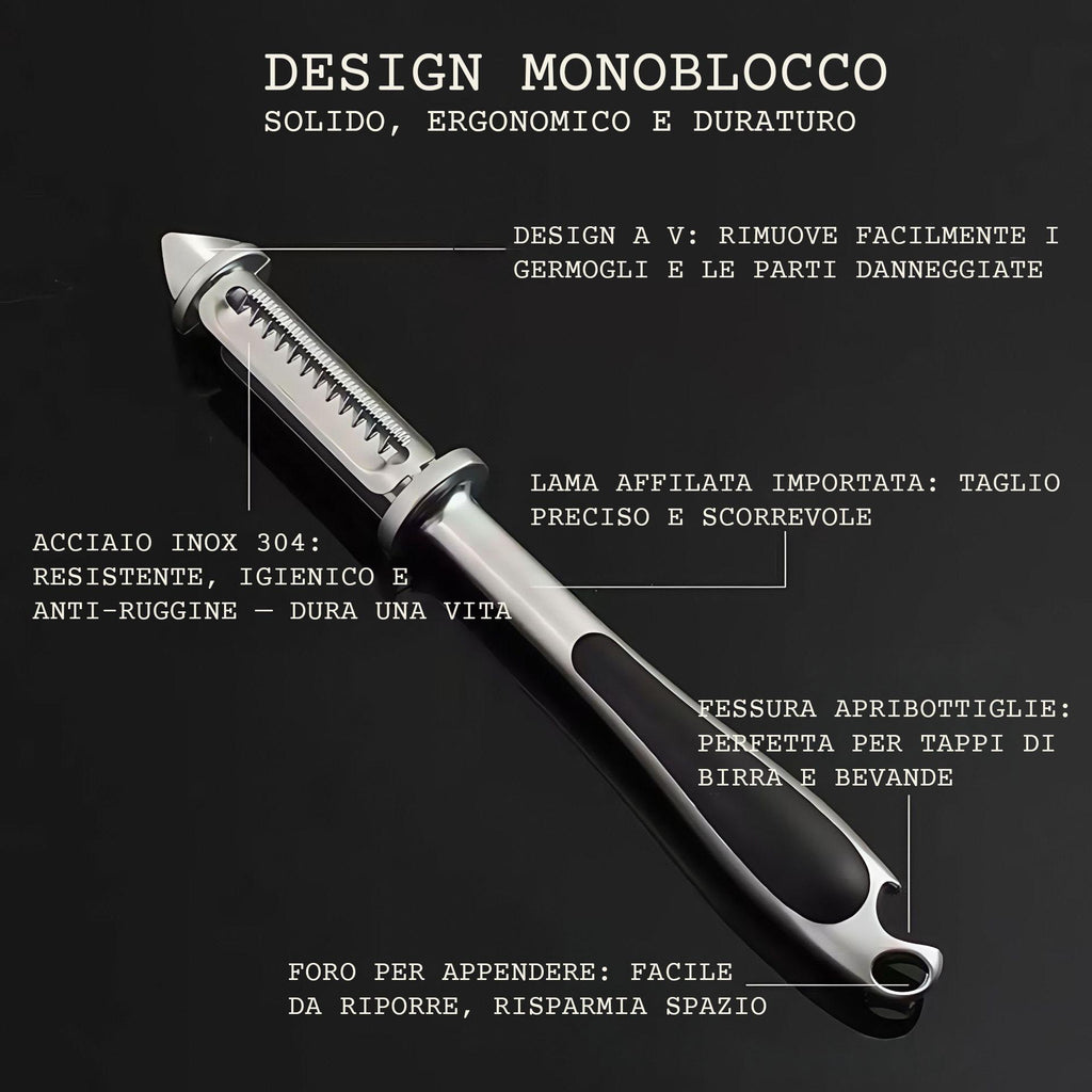 GD LA CUISINE Pelapatate Multifunzionale in Acciaio Inox 3 in 1 | Lama Rotante 304, Design Ergonomico con Apribottiglie e Punta per Germogli