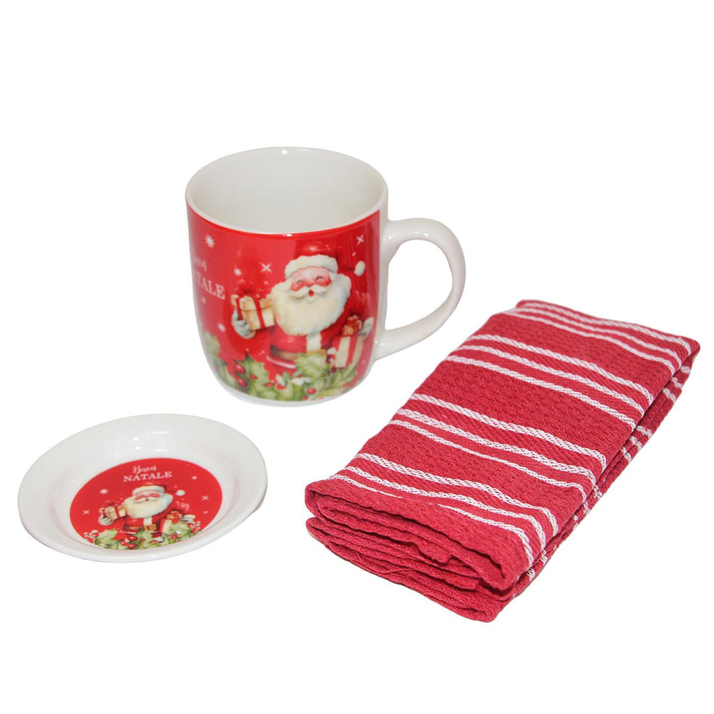 GD LOVES XMAS Set Regalo Natalizio  con Tazza, Sottobicchiere e Strofinaccio in Cotone | Confezione Regalo in Scatola Decorata – Idea Regalo di Natale per Casa e Cucina