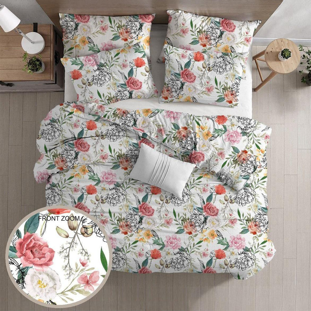 Parure Copripiumino GD LOVES YOUR HOME Fantasie Giardino di Peonie & Verde Botanico – Set 2 o 3 Pezzi con Federe – 3 Misure – Morbido, Traspirante, Anti-pilling e Lavabile in Lavatrice
