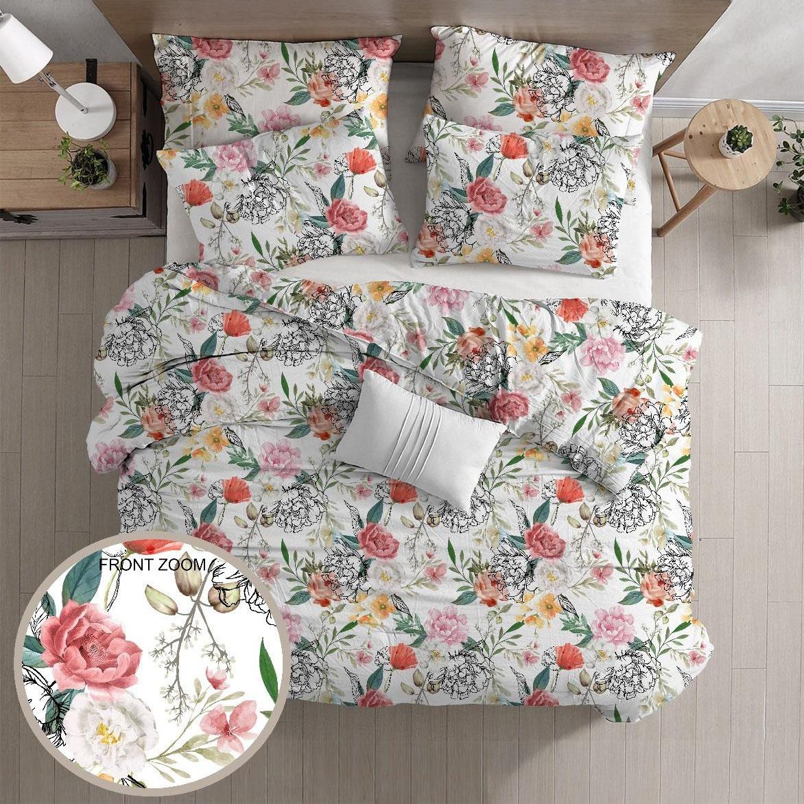 Parure Copripiumino GD LOVES YOUR HOME Fantasie Giardino di Peonie & Verde Botanico – Set 2 o 3 Pezzi con Federe – 3 Misure – Morbido, Traspirante, Anti-pilling e Lavabile in Lavatrice