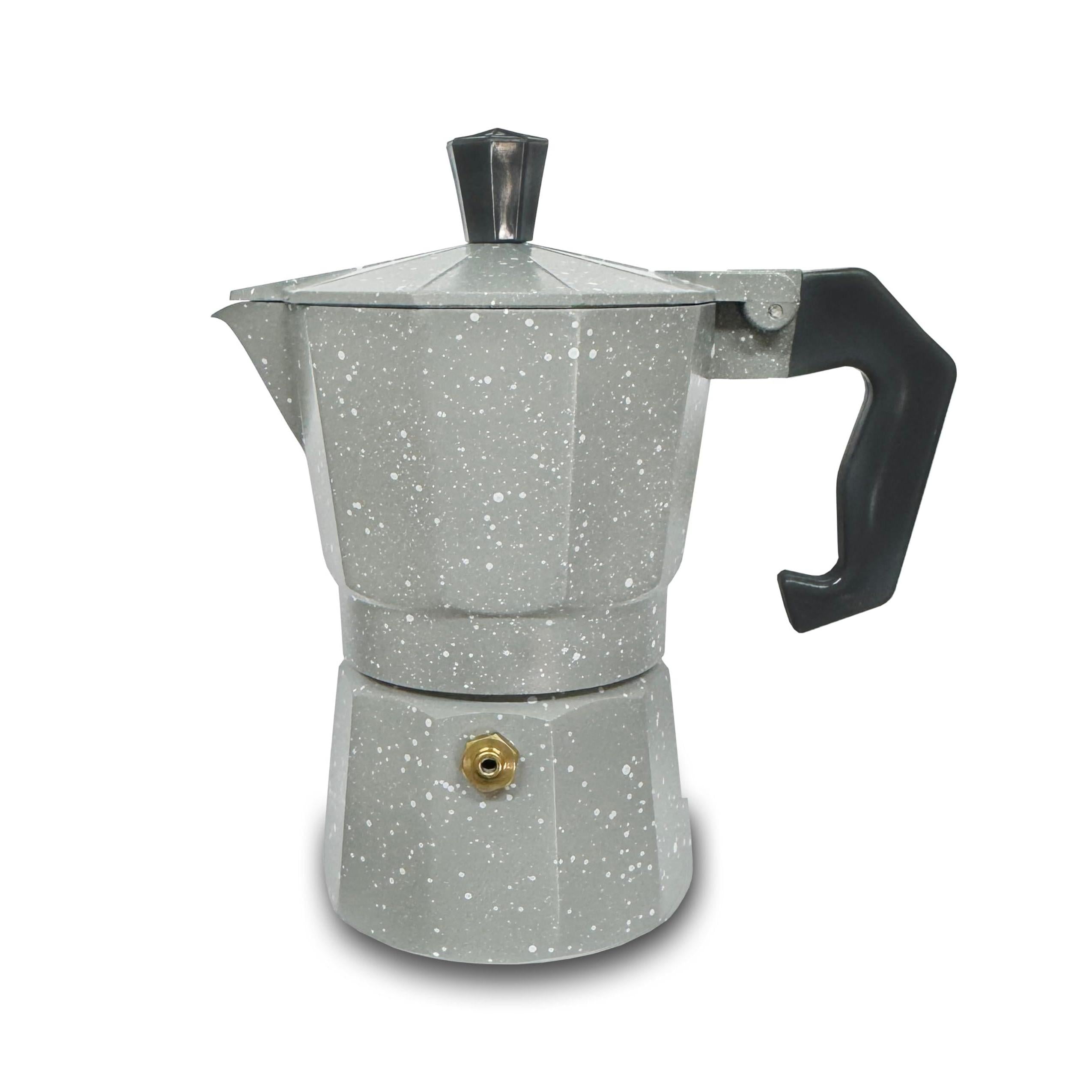 GD LOVES YOUR HOME Caffettiera Moka in Alluminio Effetto Granito (Puntinato) – 1/2/3/6 Tazze per Espresso – Valvola di Sicurezza e Manico Antiscottatura – 3 Colori: Nero / Rosso / Grigio