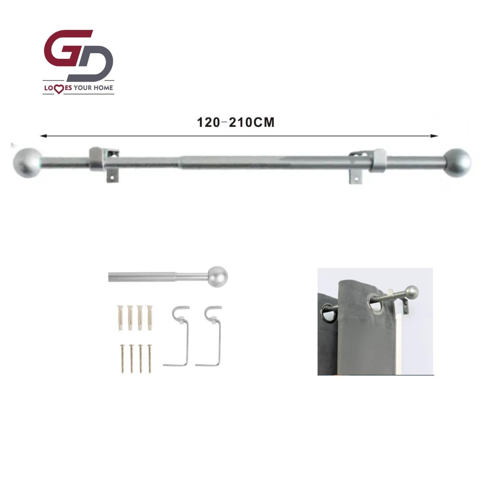 Bastone per tenda / aste per tende ad anelli estendibile. 95% ferro 5% plastica. 120-210 cm 13/16 mm colore oro, argento, bianco o nero.