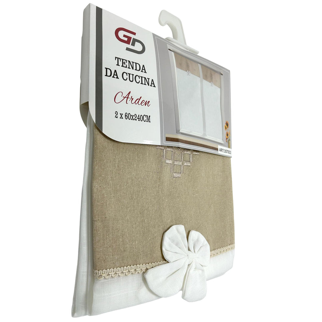 GD LOVES YOUR HOME Tenda da Cucina e Casa ARDEN Effetto Lino Beige e Bianco con Fiocco – Elegante, Luminosa, Pronta all’Uso