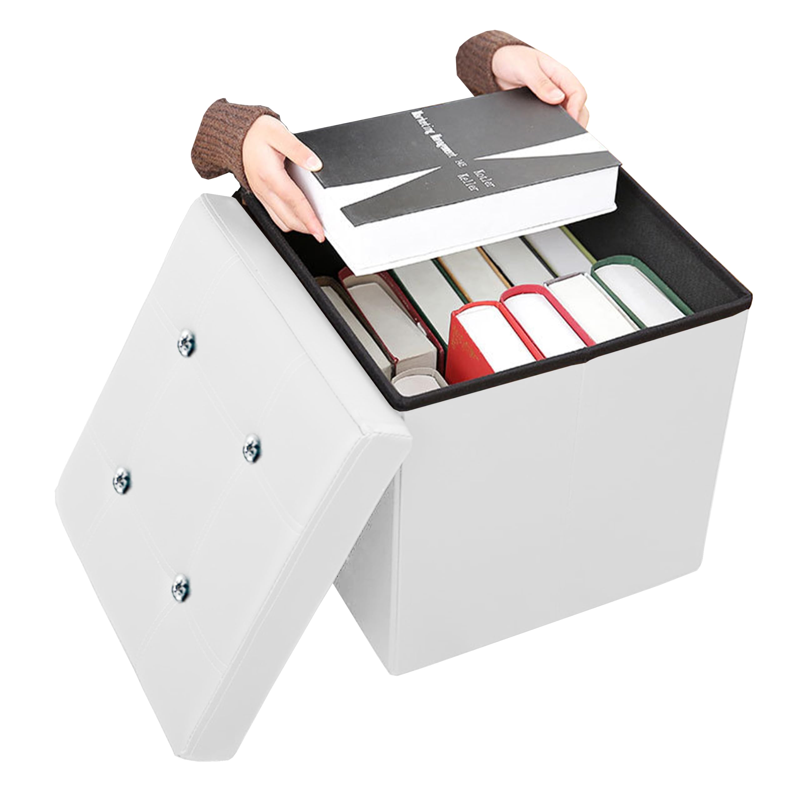 GD LOVES YOUR HOME – Pouf Pieghevole in Ecopelle con Pietre Decorative, Contenitore Portaoggetti e Sgabello Imbottito – 38×38×38 cm, Disponibile in 4 Eleganti Colori