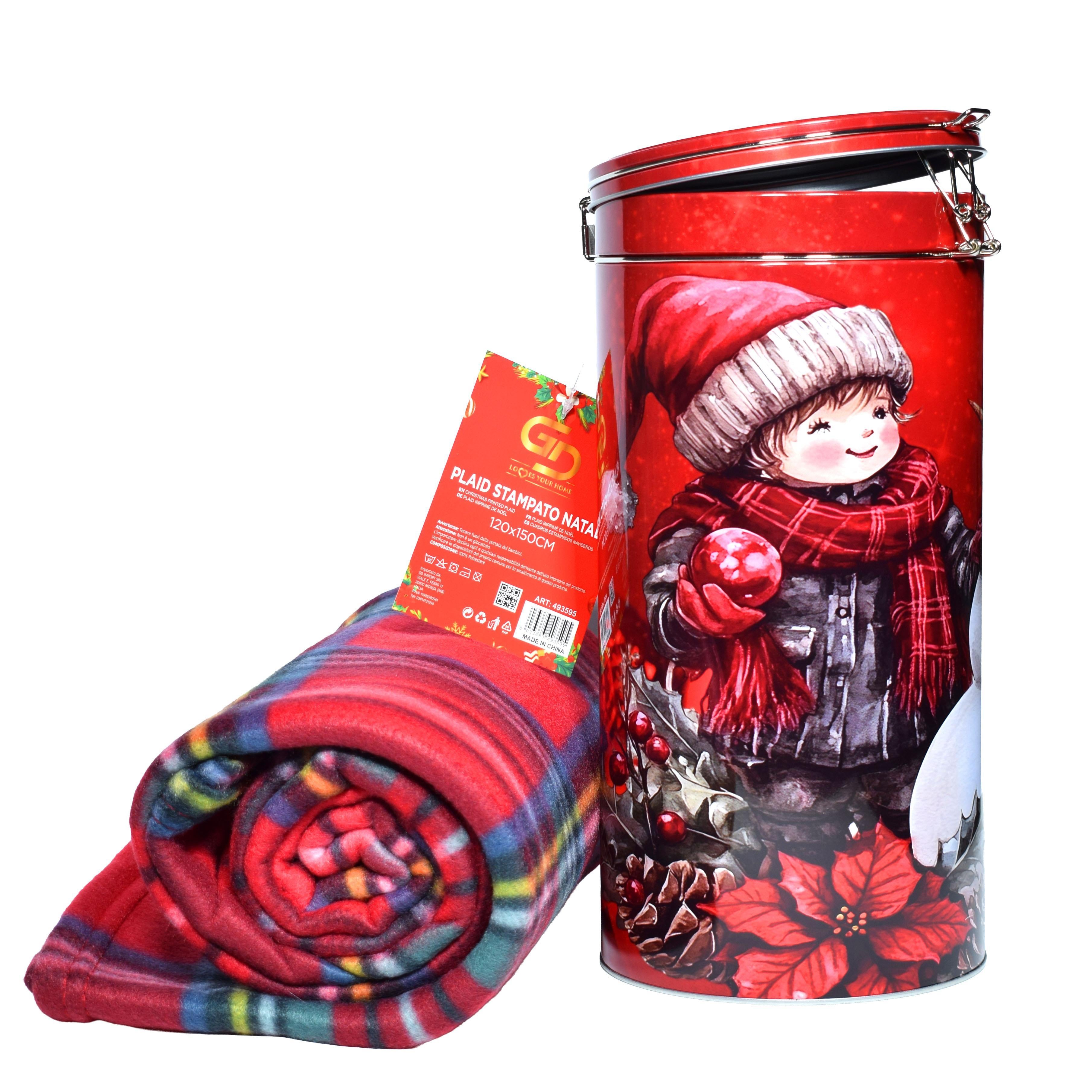 GD LOVES XMAS Set Regalo Natalizio con Plaid in Pile Morbido e Caldo e Latta Decorata – 4 Fantasie Esclusive – Idea Regalo Calda e Riutilizzabile per Natale e Pronta per le Feste