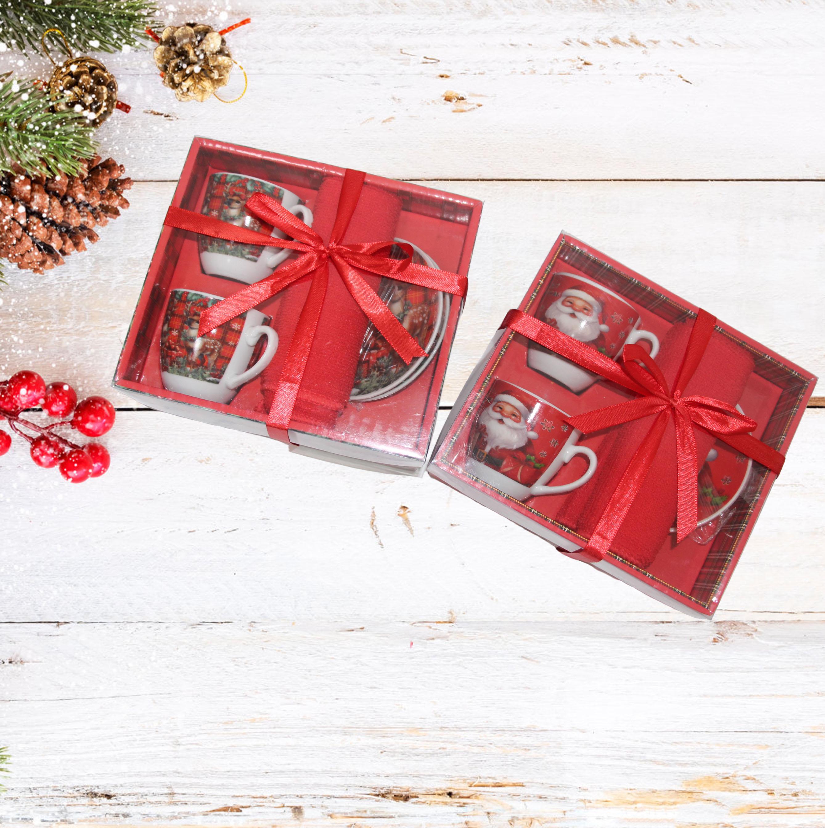 GD LOVES XMAS Set Regalo Natalizio Tazze + Piattini + Canovaccio – Confezione in Scatola Decorata | 85% Cotone, Idea Regalo per Casa o Ufficio