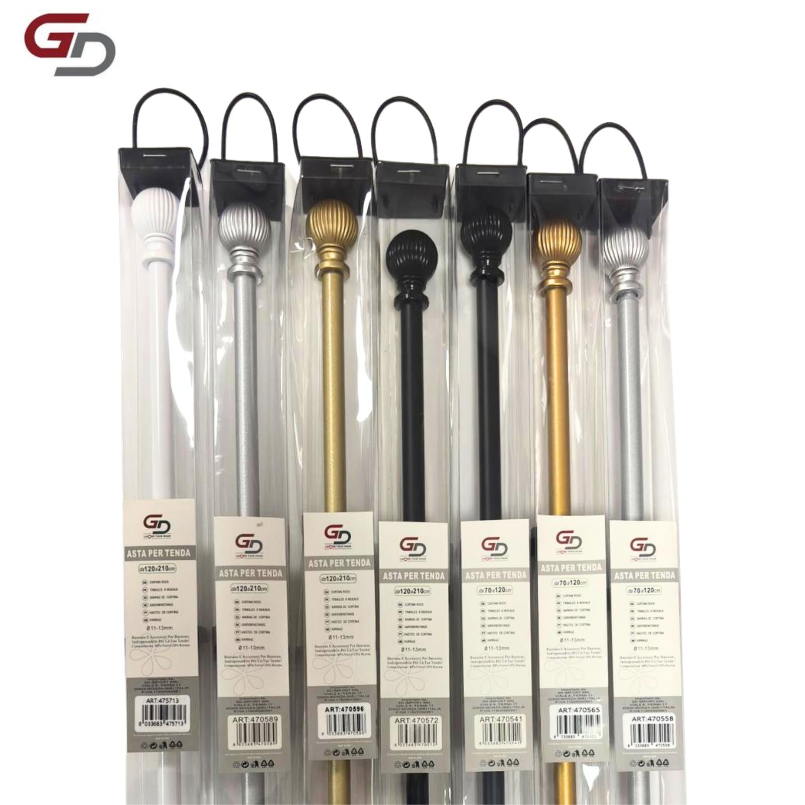 bastone per tende / asta per tenda estendibile. 80% ferro, 20% resina. misure 70-120cm, 120-210cm. colore bianco, nero, argento e oro.