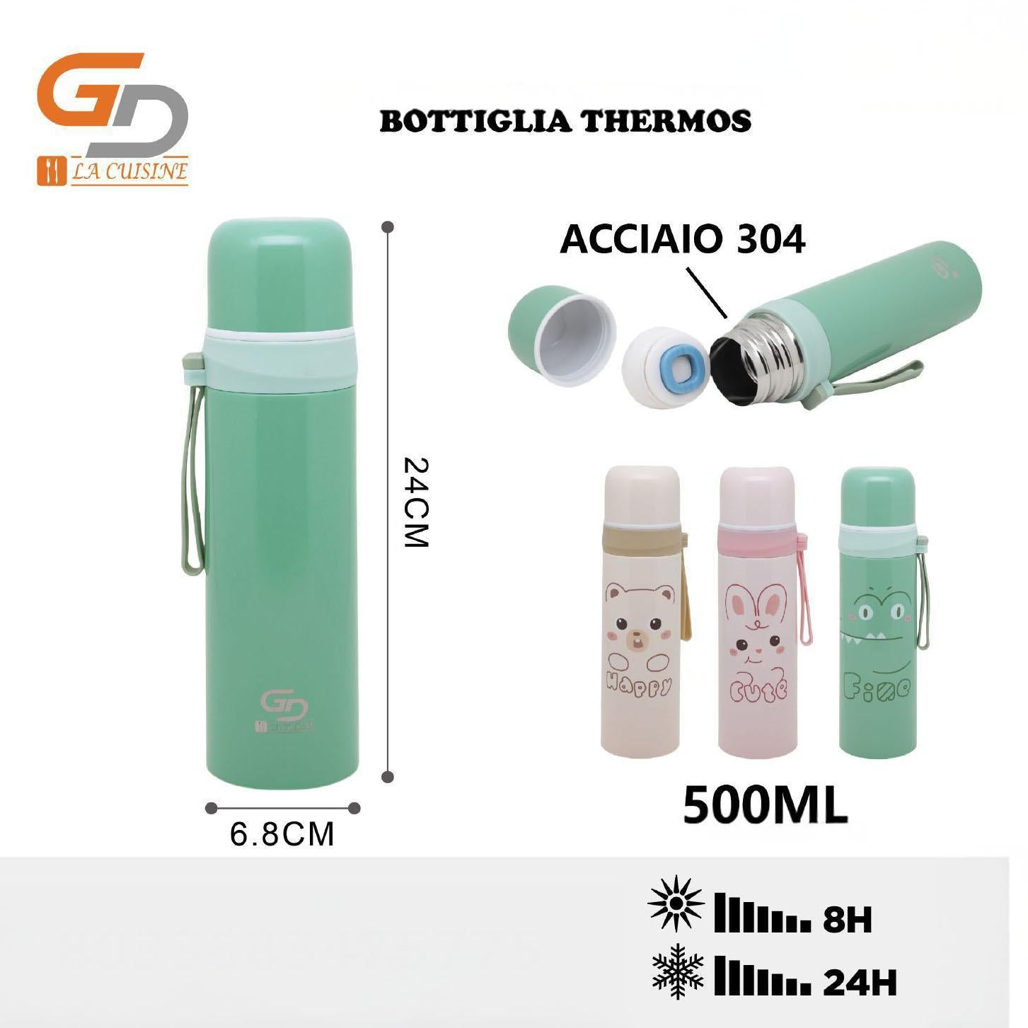 GD LA CUISINE Bottiglia Thermos Acciaio Inox 350ml, 500ml o 750ml | Borraccia Termica Ermetica 8-24h Caldo & Freddo, Scuola, Ufficio e Viaggi
