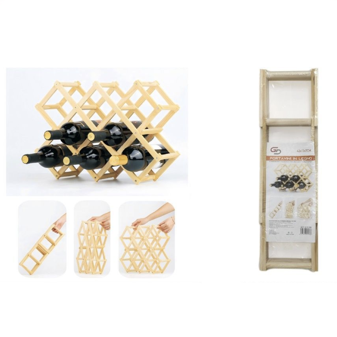 Portabottiglie in Legno Pieghevole Salvaspazio – Portavini 42×12×7 cm per Cucina, Casa, Cantina e Regalo