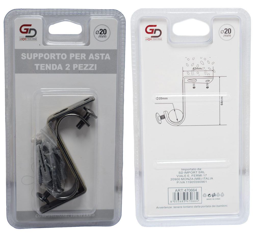 GD LOVES YOUR HOME Supporto per Bastone Tenda in Metallo – Set 2 Pezzi – Staffe da Parete per Asta Ø fino a 20 mm – Fissaggio a Vite – per Cucina e Casa