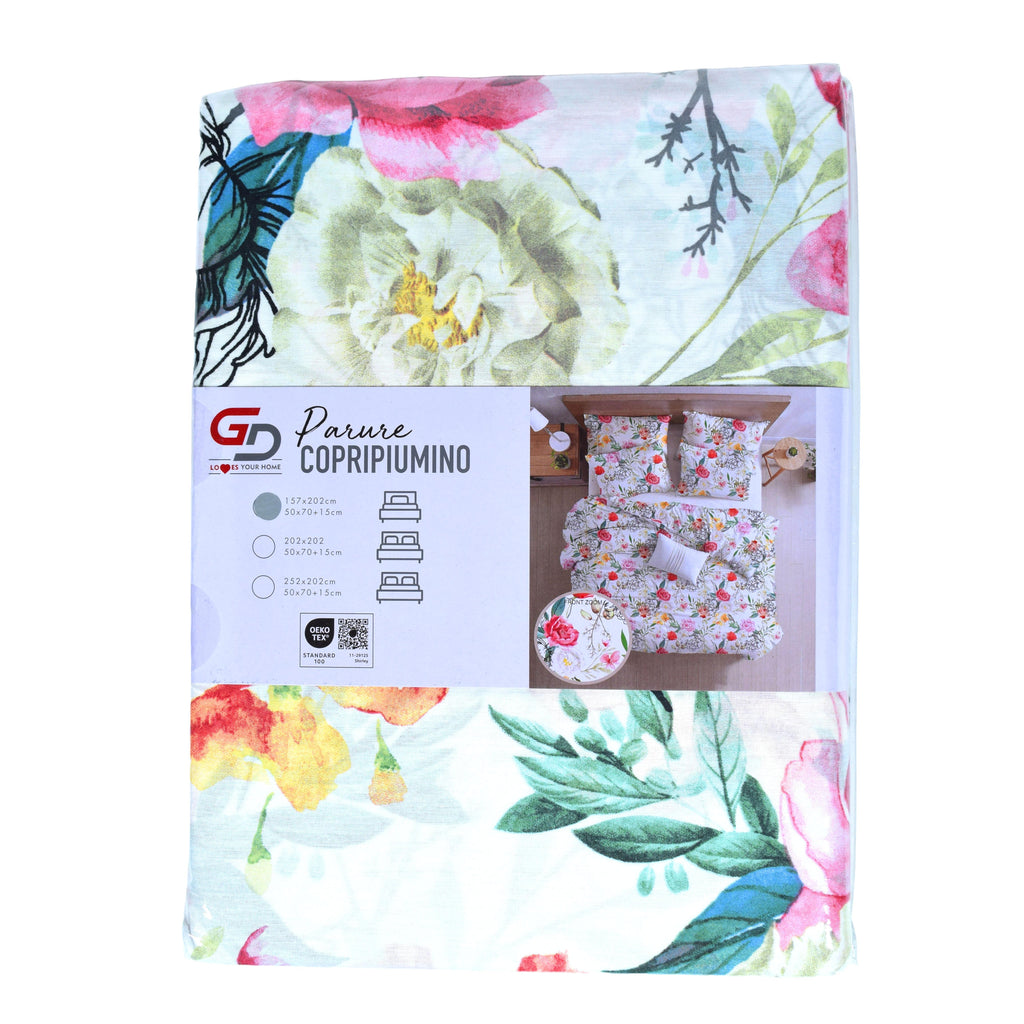 Parure Copripiumino GD LOVES YOUR HOME Fantasie Giardino di Peonie & Verde Botanico – Set 2 o 3 Pezzi con Federe – 3 Misure – Morbido, Traspirante, Anti-pilling e Lavabile in Lavatrice