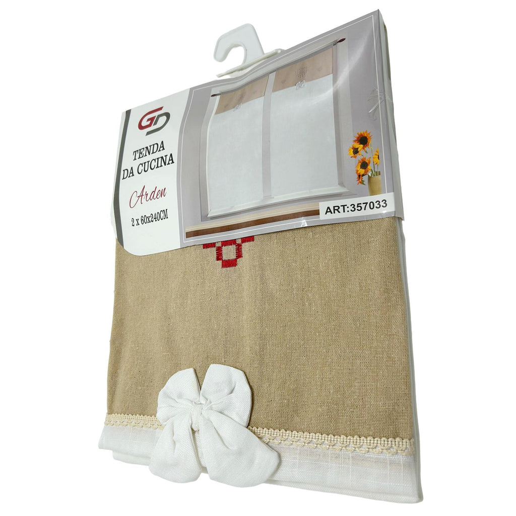 GD LOVES YOUR HOME Tenda da Cucina e Casa ARDEN Effetto Lino Beige e Bianco con Fiocco – Elegante, Luminosa, Pronta all’Uso