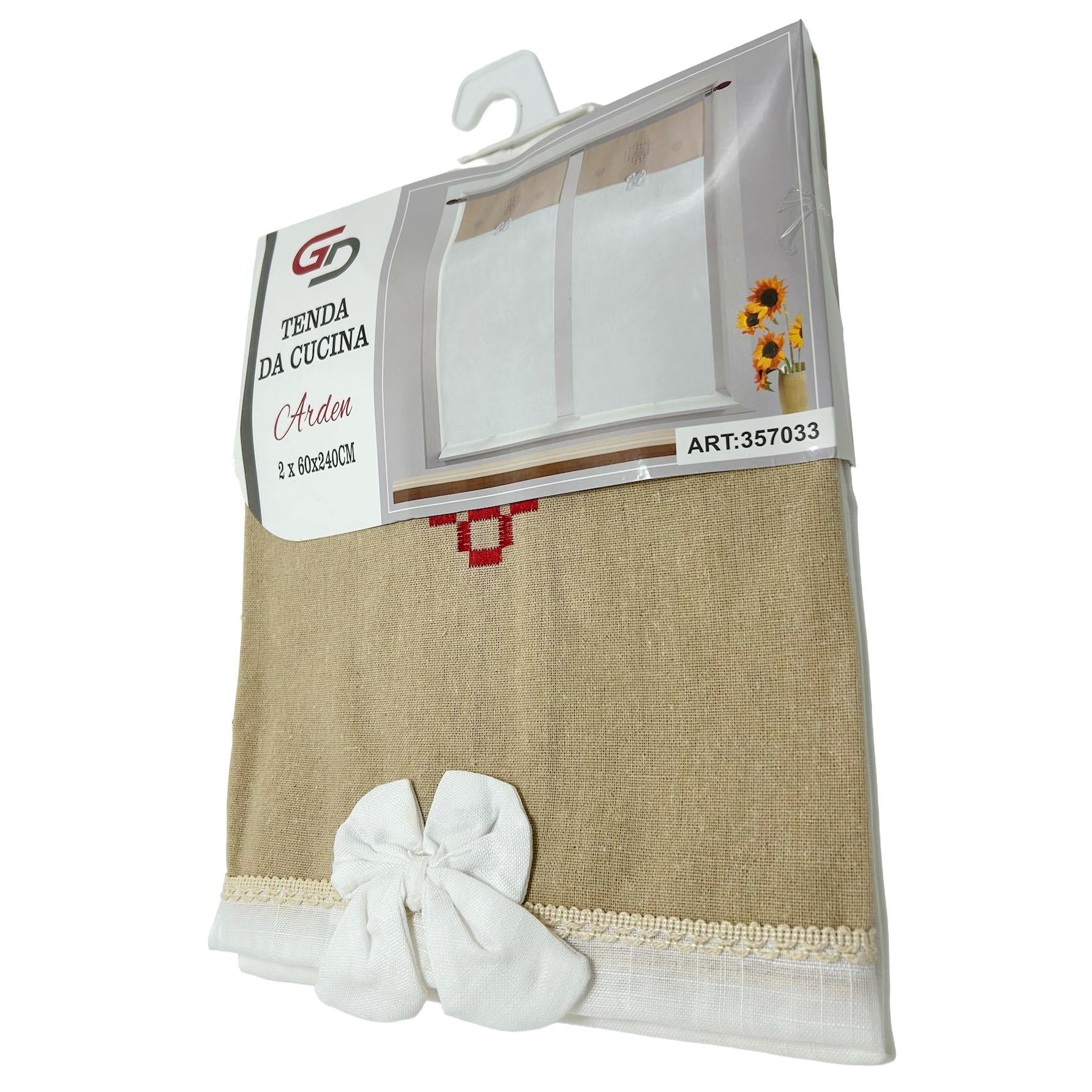 GD LOVES YOUR HOME Tenda da Cucina e Casa ARDEN Effetto Lino Beige e Bianco con Fiocco – Elegante, Luminosa, Pronta all’Uso