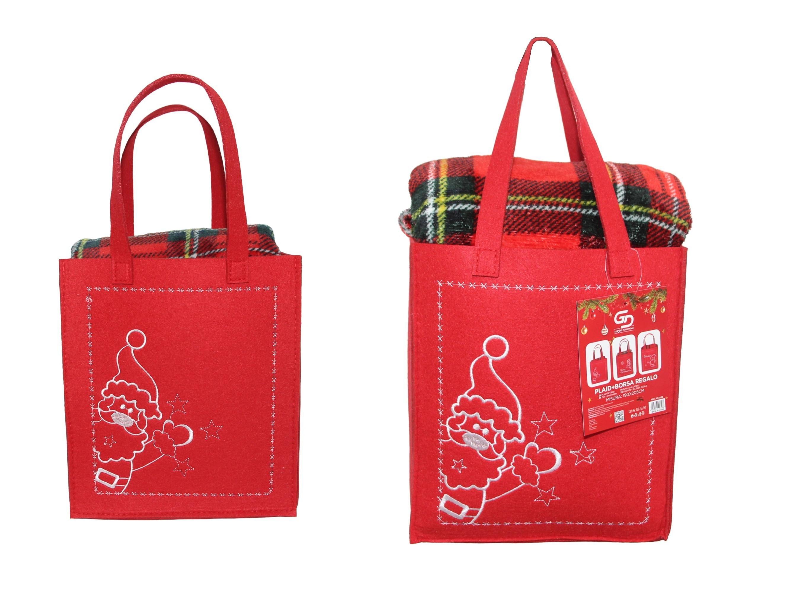 GD LOVES XMAS Set Regalo Natalizio con Plaid in Pile Morbido Borsa Regalo Tessuto Decorata Piccolo 120×150 cm Grande 190×205 cm Ideale per Regali Natalizi