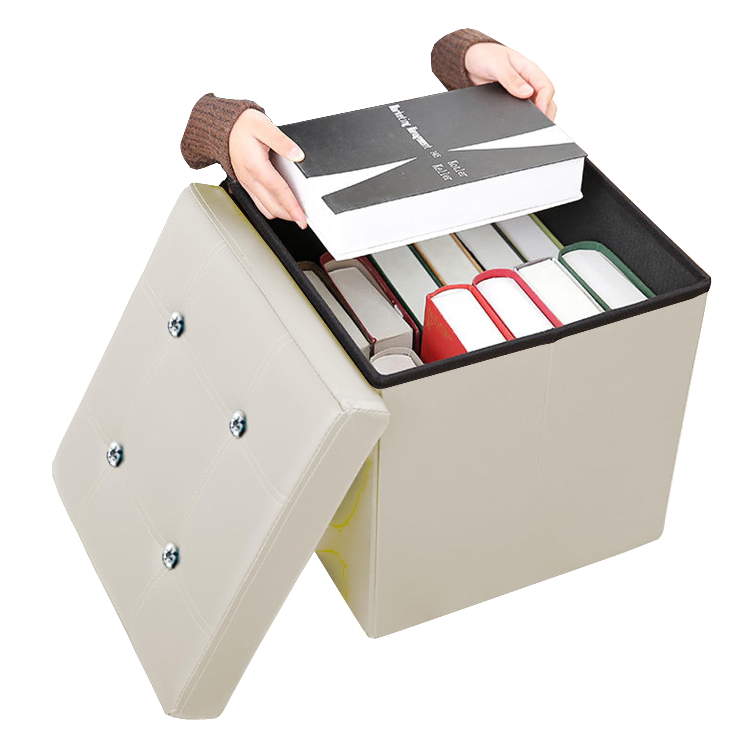 GD LOVES YOUR HOME – Pouf Pieghevole in Ecopelle con Pietre Decorative, Contenitore Portaoggetti e Sgabello Imbottito – 38×38×38 cm, Disponibile in 4 Eleganti Colori