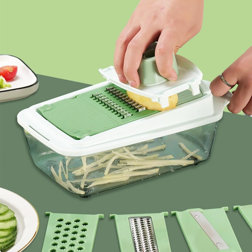 GD LOVES YOUR HOME Grattugia Multifunzione 5 in 1 con Contenitore – Affettatrice Manuale Professionale per Julienne, Patate, Zucchine, Carote, Cipolle e Formaggi – Lame in Acciaio Inox
