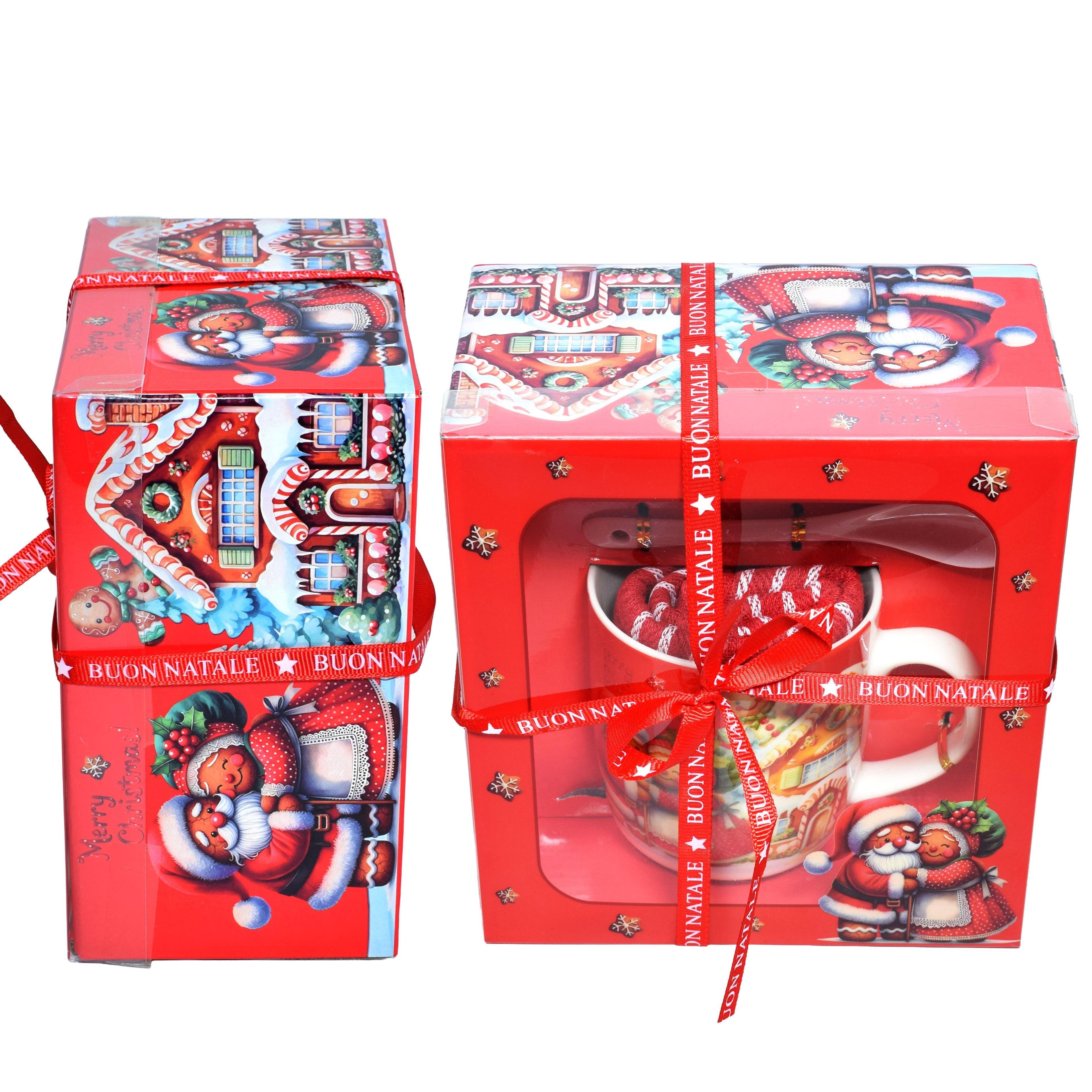 GD LOVES XMAS Set Regalo Natalizio  con Tazza, Sottobicchiere e Strofinaccio in Cotone | Confezione Regalo in Scatola Decorata – Idea Regalo di Natale per Casa e Cucina