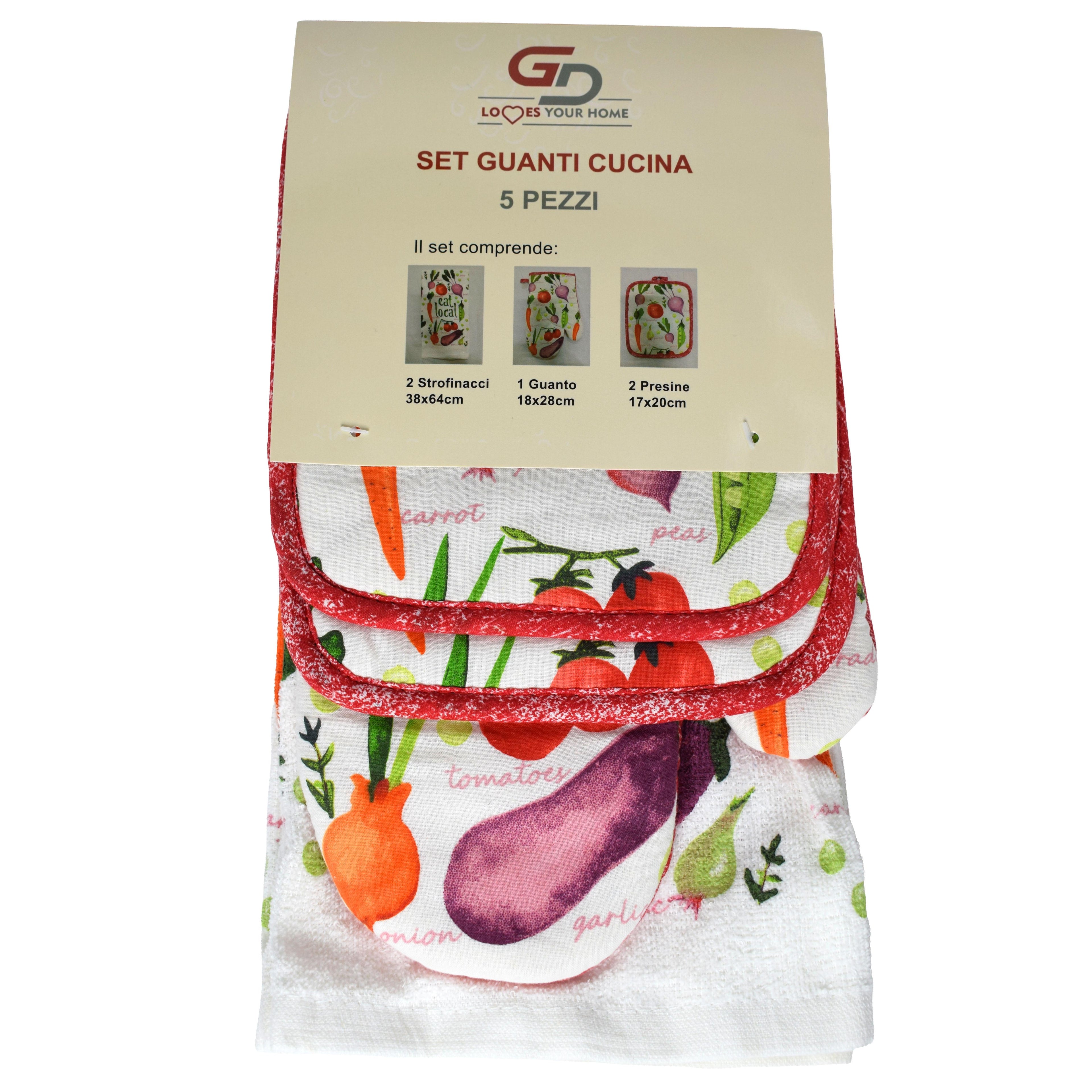 GD LA CUISINE Set Guanti da Cucina 5 Pezzi in Cotone Guanto Forno Anti Calore, Presine e Strofinacci Assorbenti, Accessori Cucina Decorativi