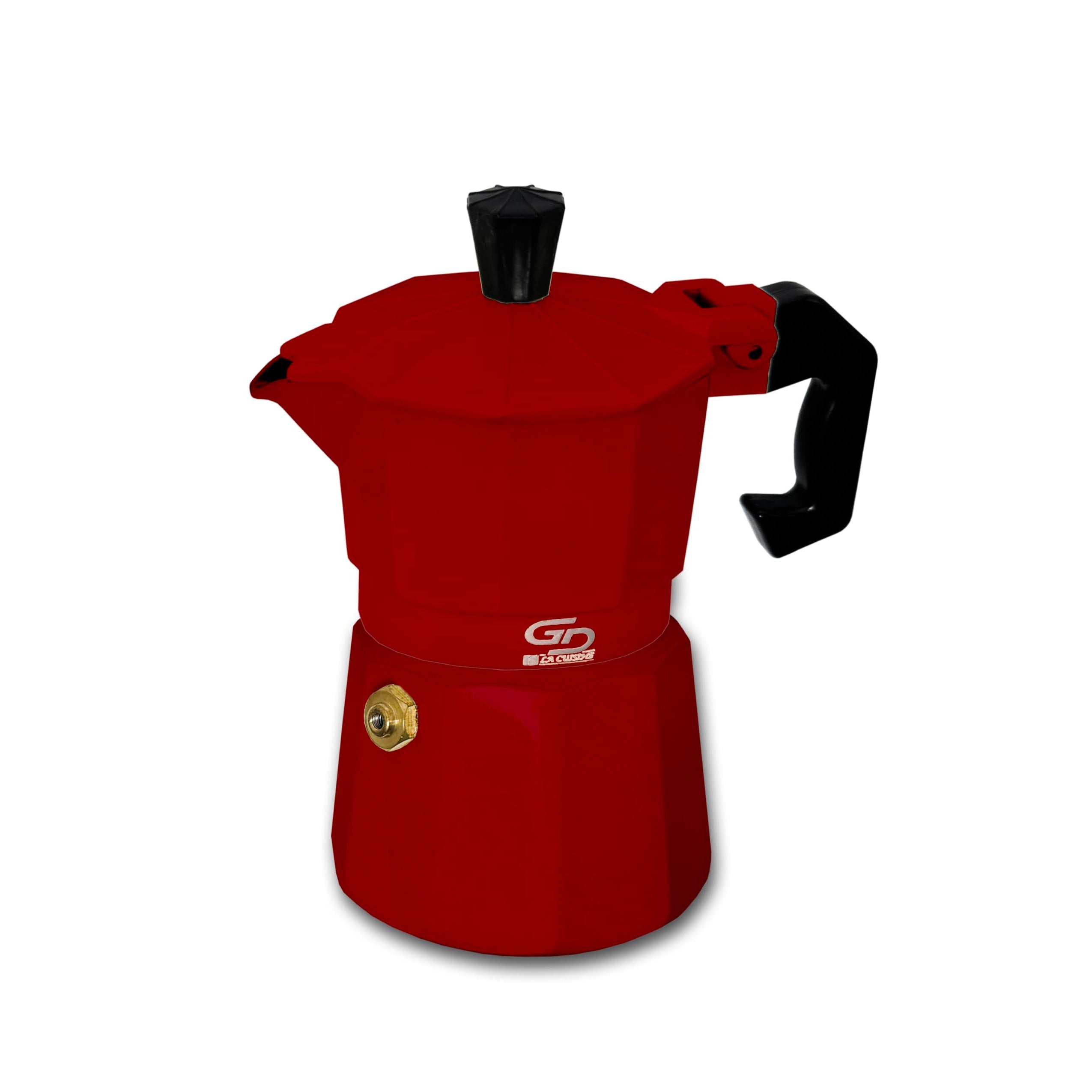 GD LOVES YOUR HOME Caffettiera Moka in alluminio 1–6 tazze | valvola di sicurezza, manico antiscottatura | per fornelli gas/elettrico/vetroceramica (no induzione) – 5 colori