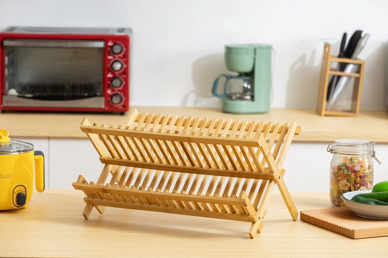 Scolapiatti in Bambù Pieghevole a 2 Ripiani, Portapiatti da Cucina Salvaspazio, 34cm Altezza, Naturale