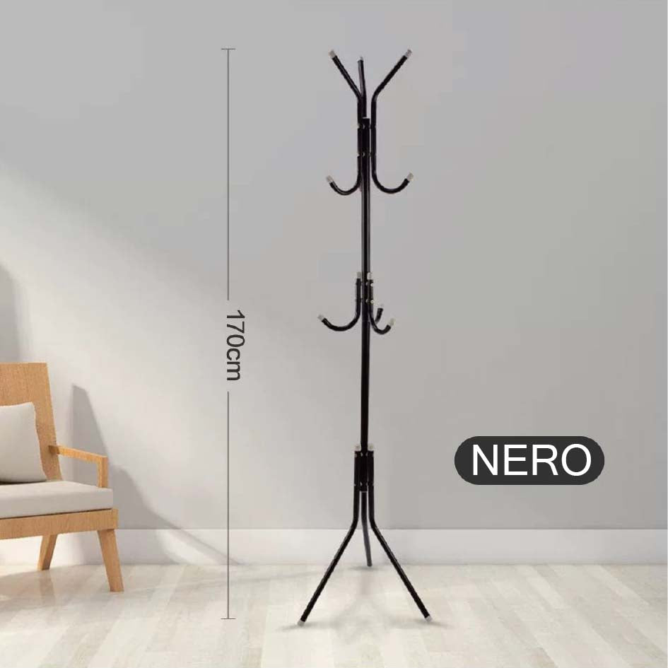 Appendiabiti da Terra Salvaspazio per Ingresso, Porta Abiti con Ganci Multipli, Altezza 170 cm, Base Stabile, Nero o Bianco