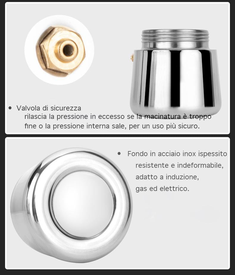 GD LOVES YOUR HOME Caffettiera Moka in Acciaio Inox per Piano Cottura (Induzione/Gas) – 2/4/6 Tazze – Valvola di sicurezza e manico antiscottatura – Finitura acciaio lucido
