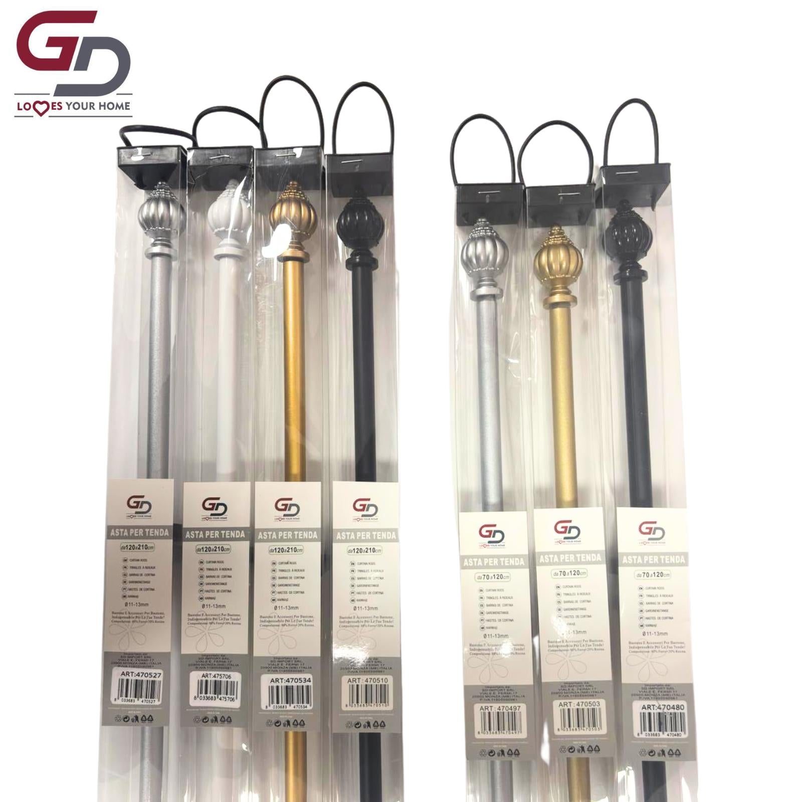 Bastone per tende / asta per tende estendibile in resina e ferro. Da 70-120 cm o 120-210 cm colore oro, argento, bianco o nero