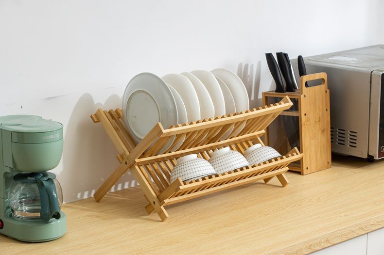 Scolapiatti in Bambù Pieghevole a 2 Ripiani, Portapiatti da Cucina Salvaspazio, 34cm Altezza, Naturale