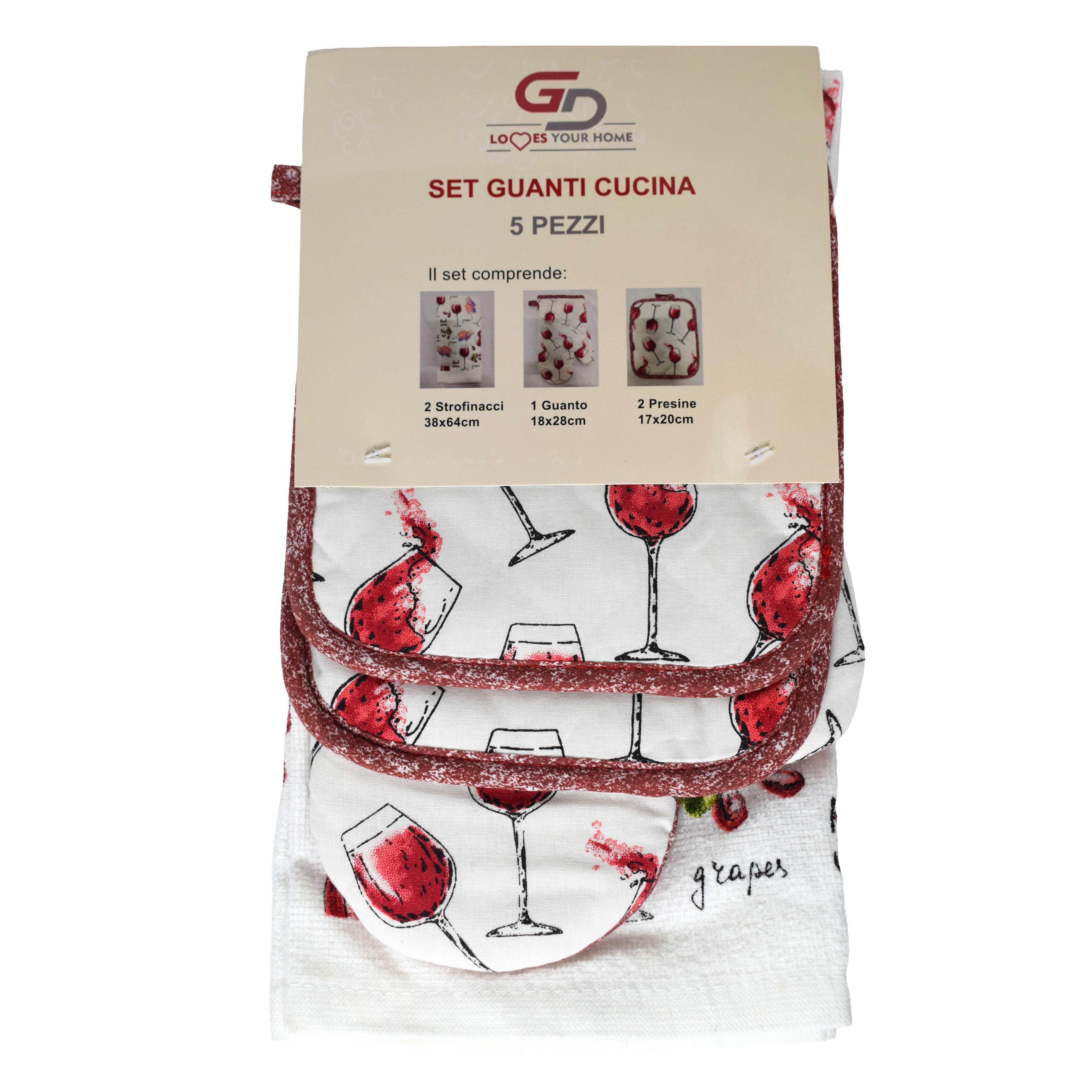 GD LA CUISINE Set Guanti da Cucina 5 Pezzi in Cotone Guanto Forno Anti Calore, Presine e Strofinacci Assorbenti, Accessori Cucina Decorativi