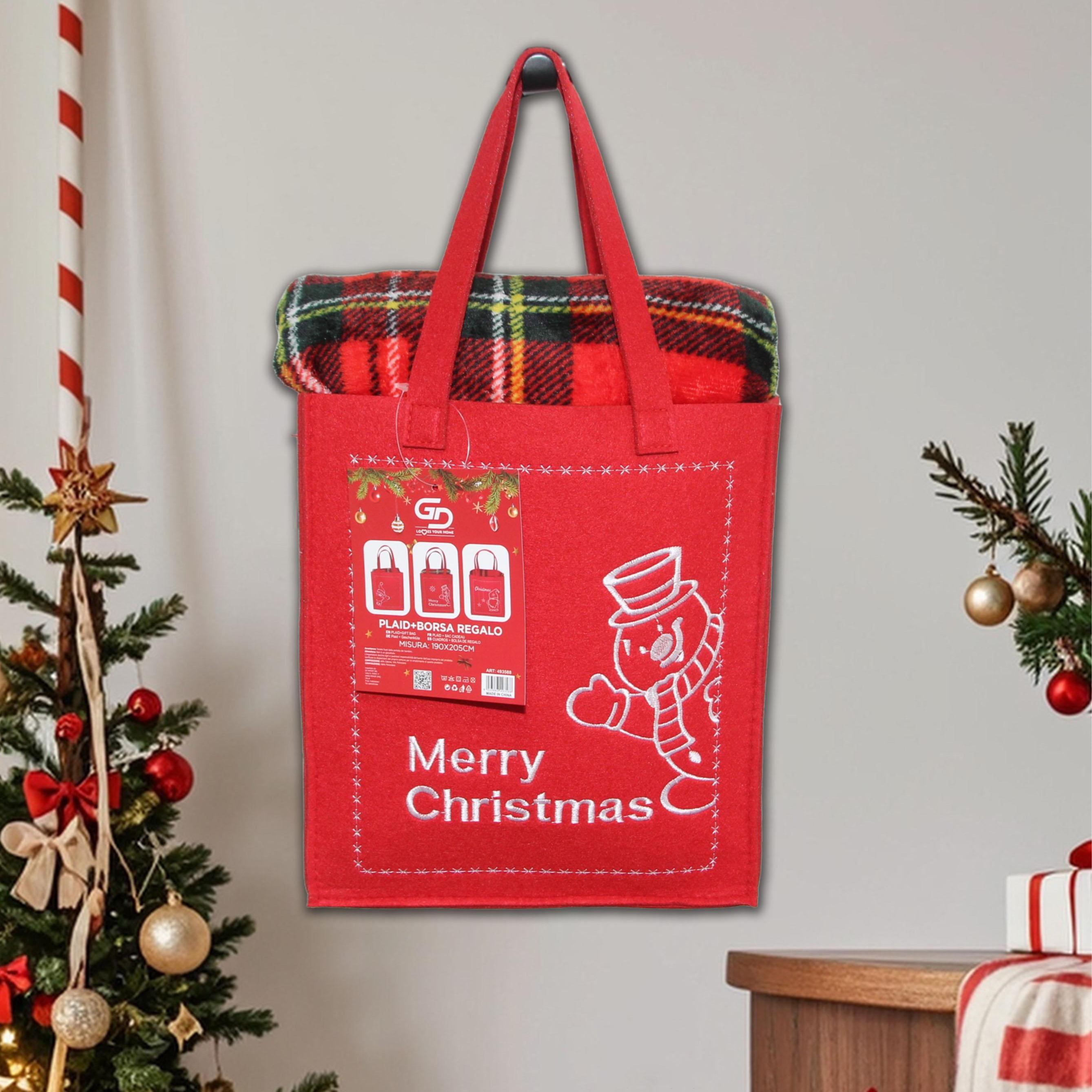 GD LOVES XMAS Set Regalo Natalizio con Plaid in Pile Morbido Borsa Regalo Tessuto Decorata Piccolo 120×150 cm Grande 190×205 cm Ideale per Regali Natalizi