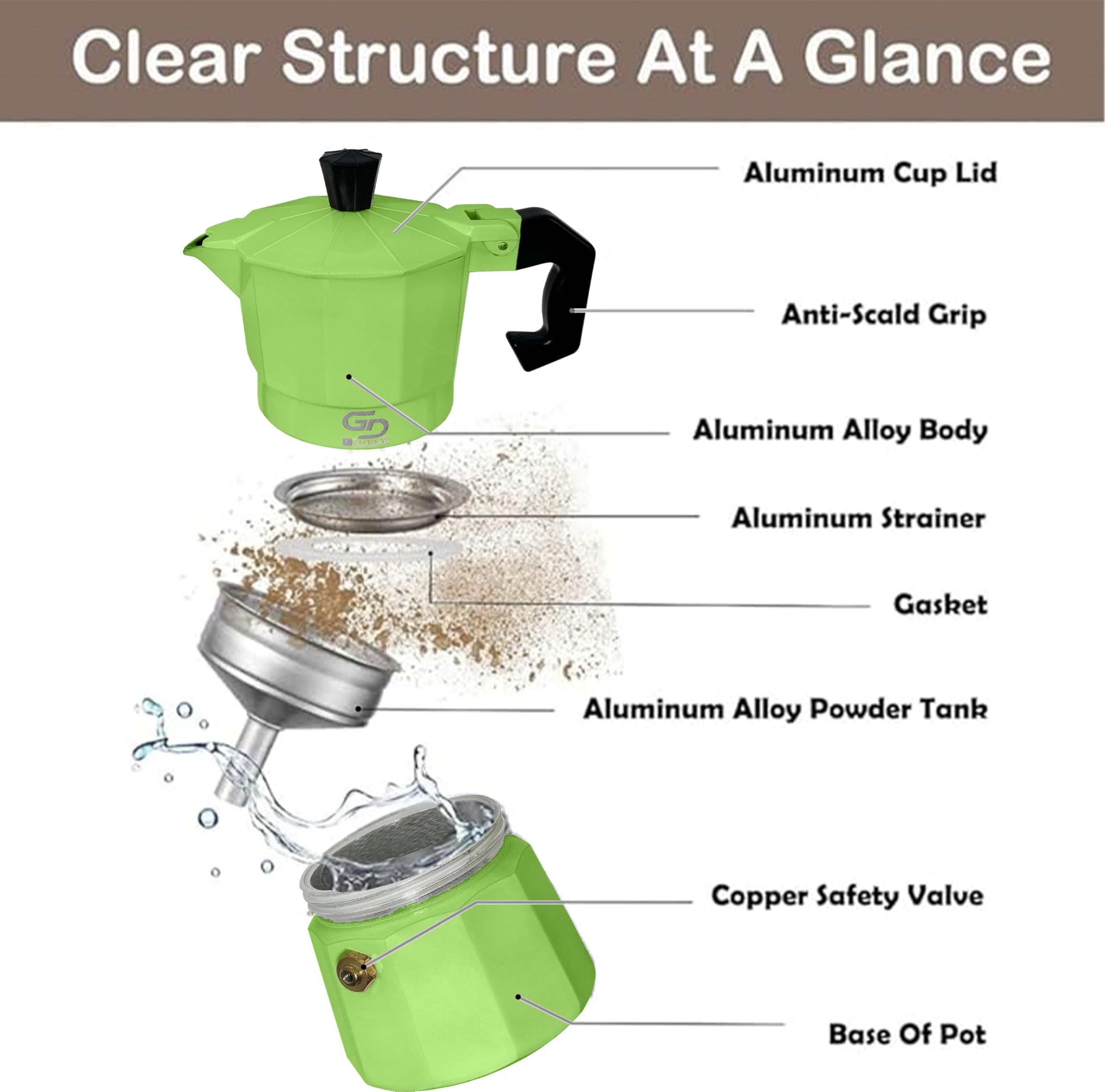 GD LOVES YOUR HOME Caffettiera Moka in alluminio 1–6 tazze | valvola di sicurezza, manico antiscottatura | per fornelli gas/elettrico/vetroceramica (no induzione) – 5 colori