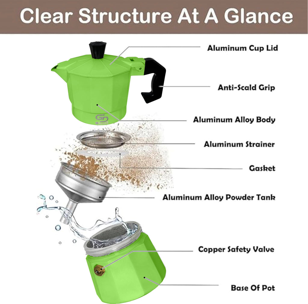 GD LOVES YOUR HOME Caffettiera Moka in alluminio 1–6 tazze | valvola di sicurezza, manico antiscottatura | per fornelli gas/elettrico/vetroceramica (no induzione) – 5 colori