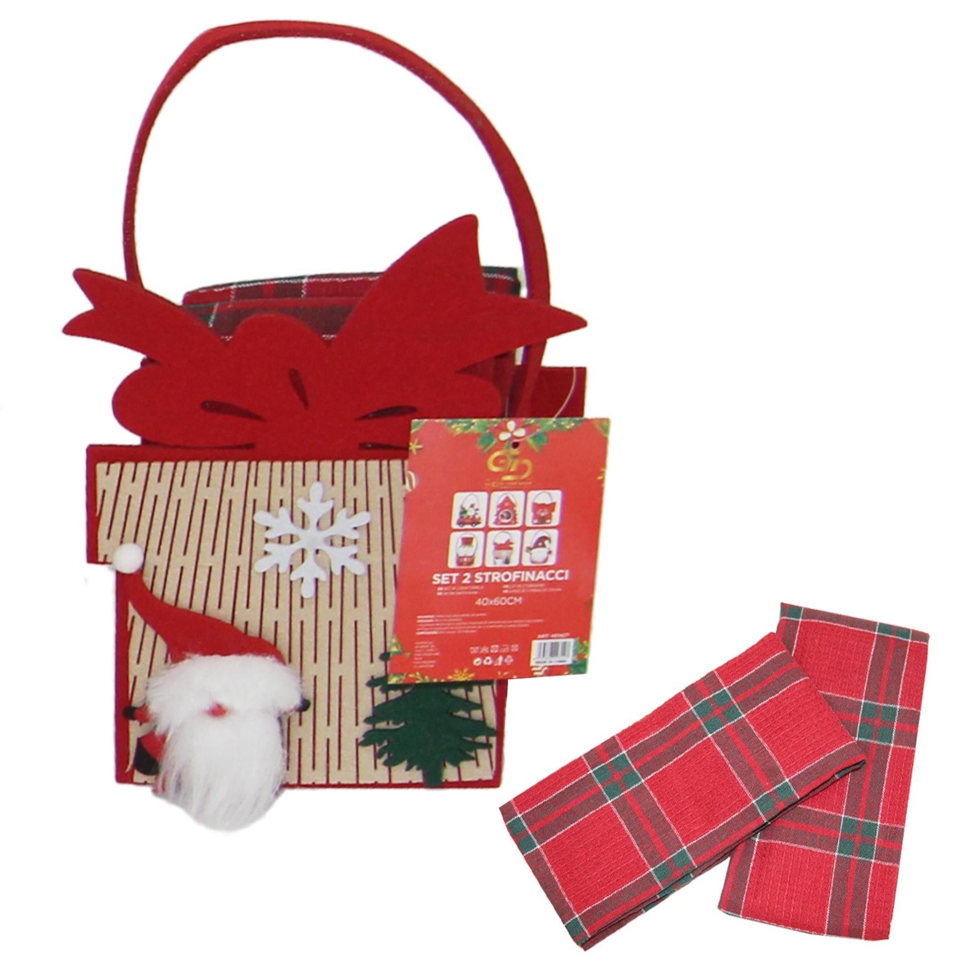 GD LOVES XMAS Set Regalo Natalizio con Mini Borsa Decorata e 2 Strofinacci Scozzesi 40×60 cm (85% Cotone) – Idea Regalo Festiva per Casa e Tavola