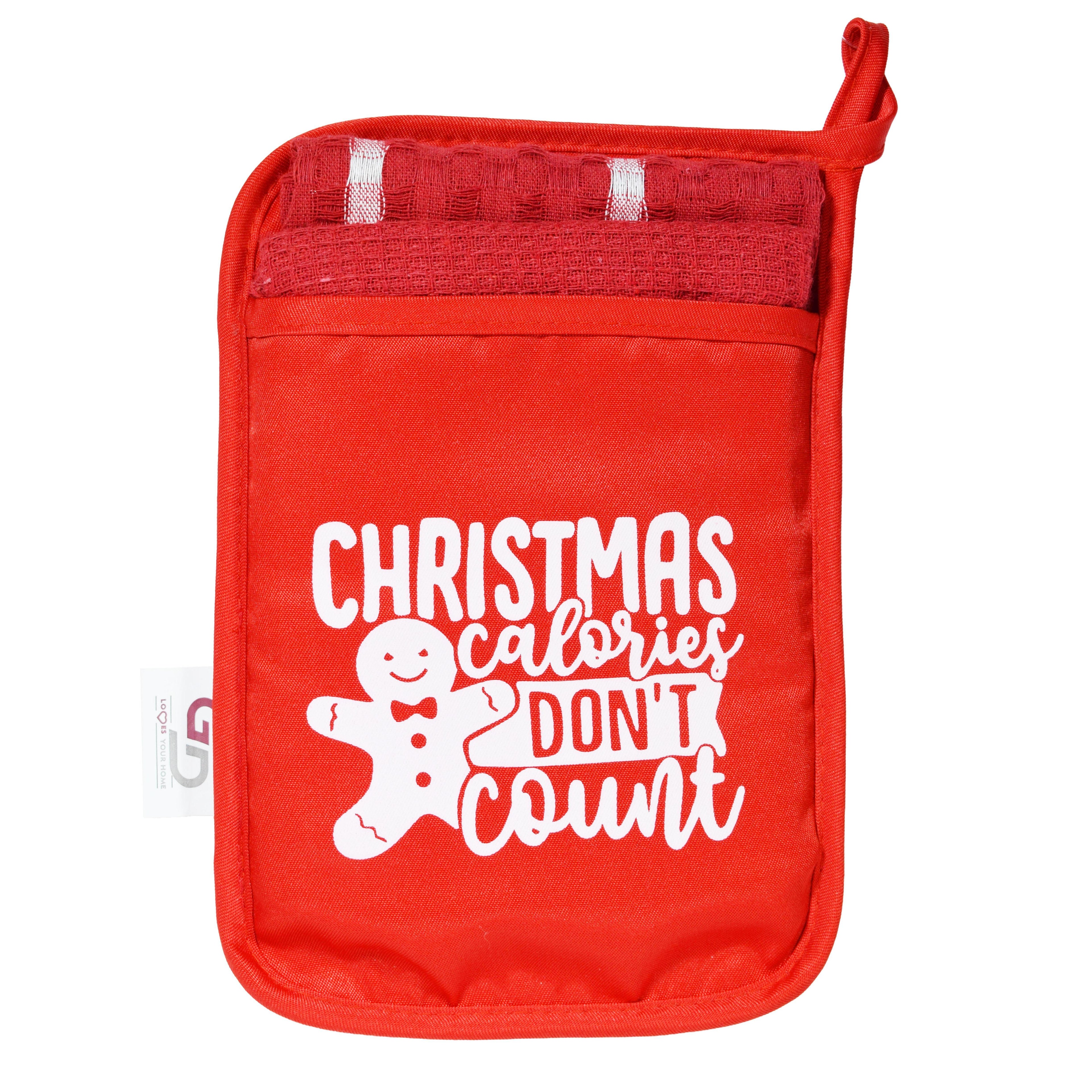 GD LOVES XMAS Set da Cucina Natalizio Presine + 2 Strofinaccio Scozzese 85% Cotone 45×65 cm 4 Fantasie con Gancio