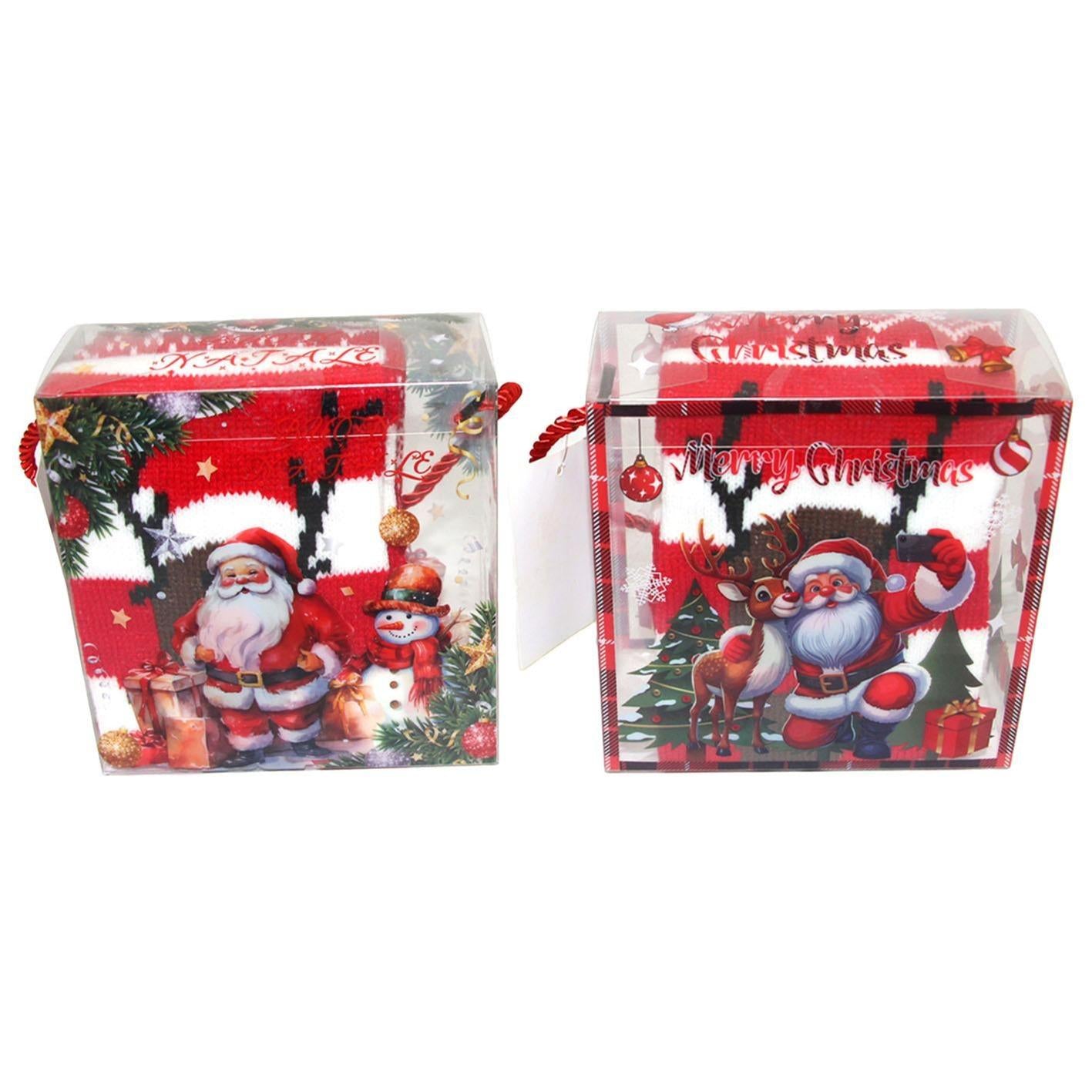 GD LOVES XMAS Set Regalo 2 Calzini Lunghi Natalizi in Scatola Decorata  | Morbidi e Caldi in Maglia – Fantasie Natalizie Babbo Natale & Renna