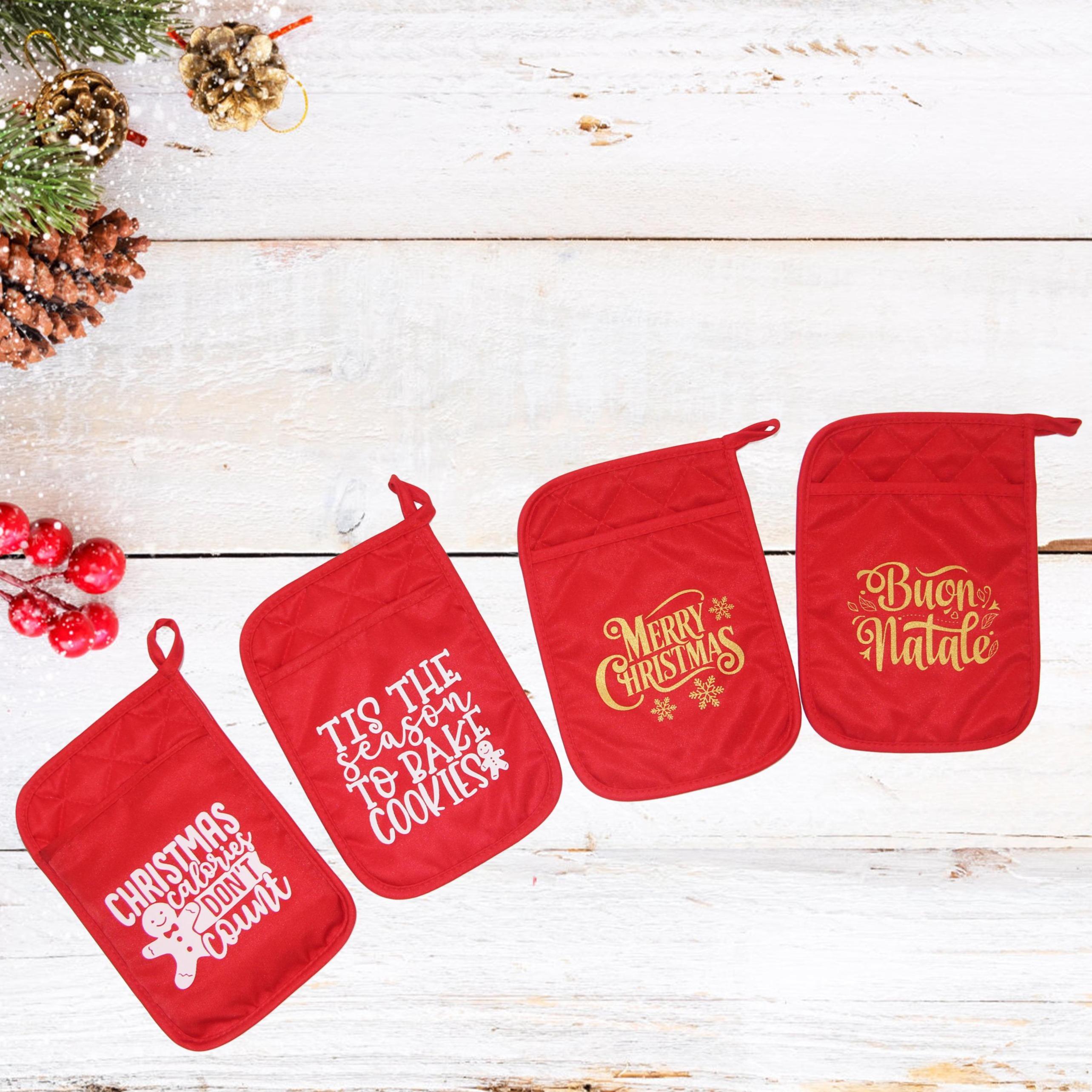 GD LOVES XMAS Set da Cucina Natalizio Presine + 2 Strofinaccio Scozzese 85% Cotone 45×65 cm 4 Fantasie con Gancio