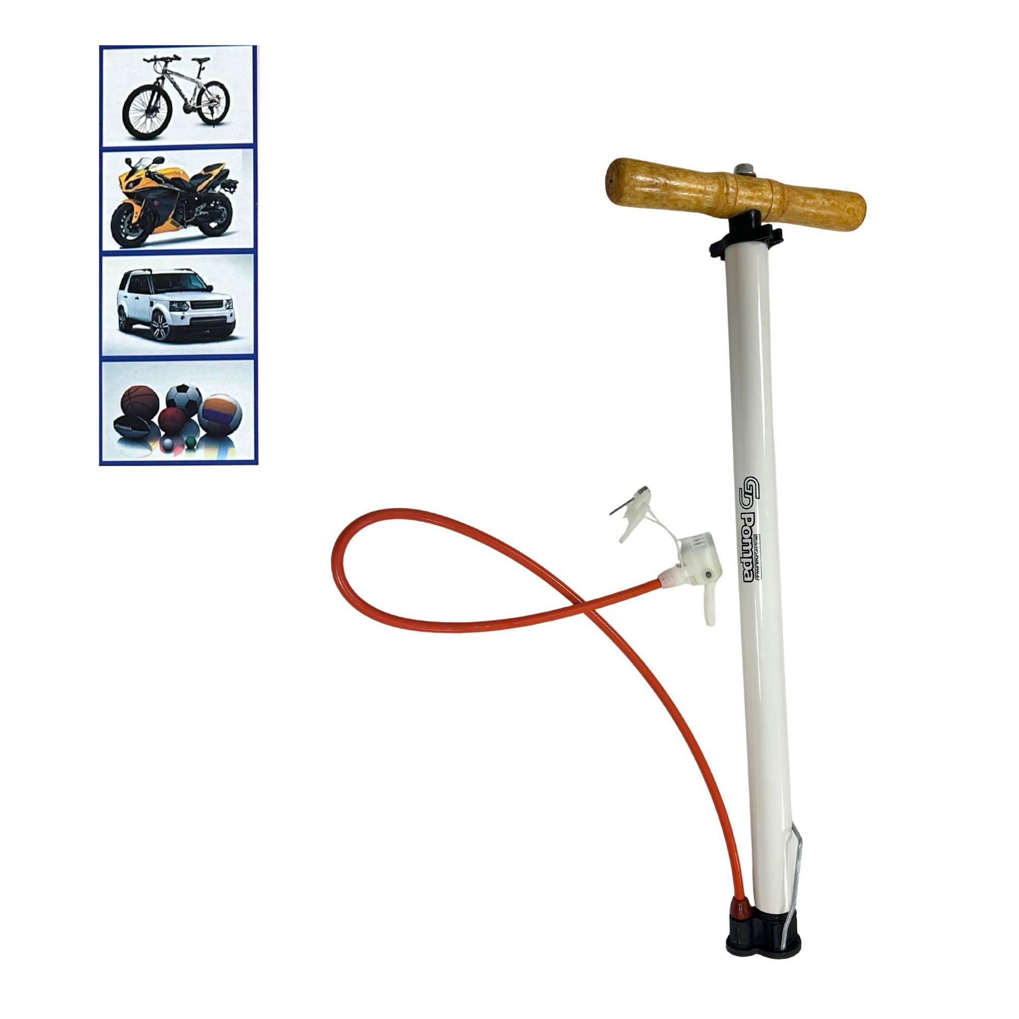 Pompa da Pavimento a Pressione Manuale 59 cm con Manico in Legno – per Bici, Palloni e Gonfiabili