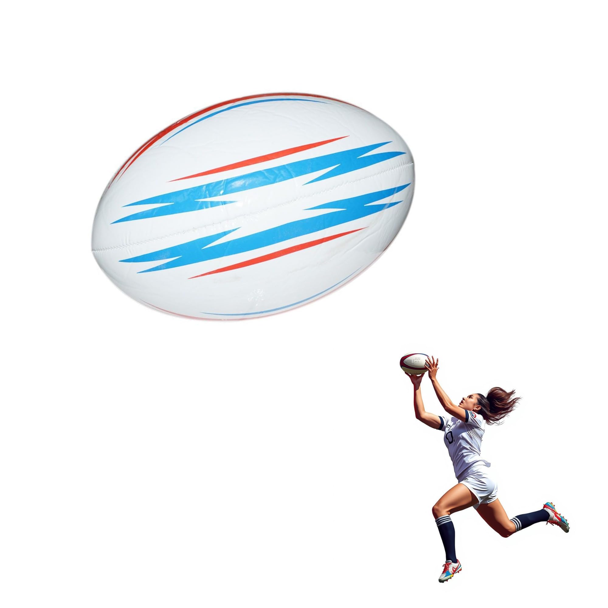 Generico Pallone Ovale da Rugby in Cuoio, Bianco con Strisce Blu e Rosse, per Allenamento e Partite