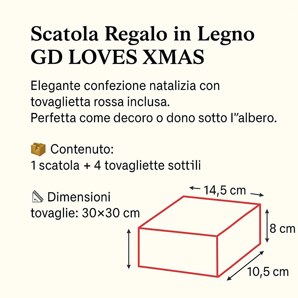 GD LOVES XMAS Scatola Regalo Natalizia in Legno con 4 Tovagliette Rossa 30x30 cm Design Elegante e Festivo 14.5x10.5x8 cm