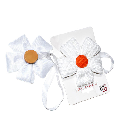 Fermatenda Magnetico Fiore Margherita Bianca con Pistillo Arancione, Tessuto Morbido Ø8,5 cm – Accessorio Decorativo per Tende e Plaid – Set da 2 Pezzi