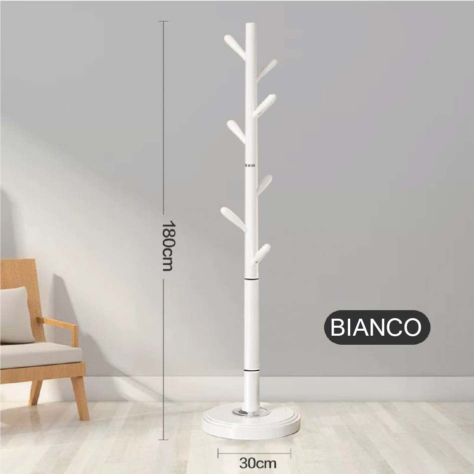 Appendiabiti da Terra Salvaspazio a Forma di Albero, 180cm Altezza, Base 30cm, Design Verticale con Ganci Multipli, Bianco o Nero