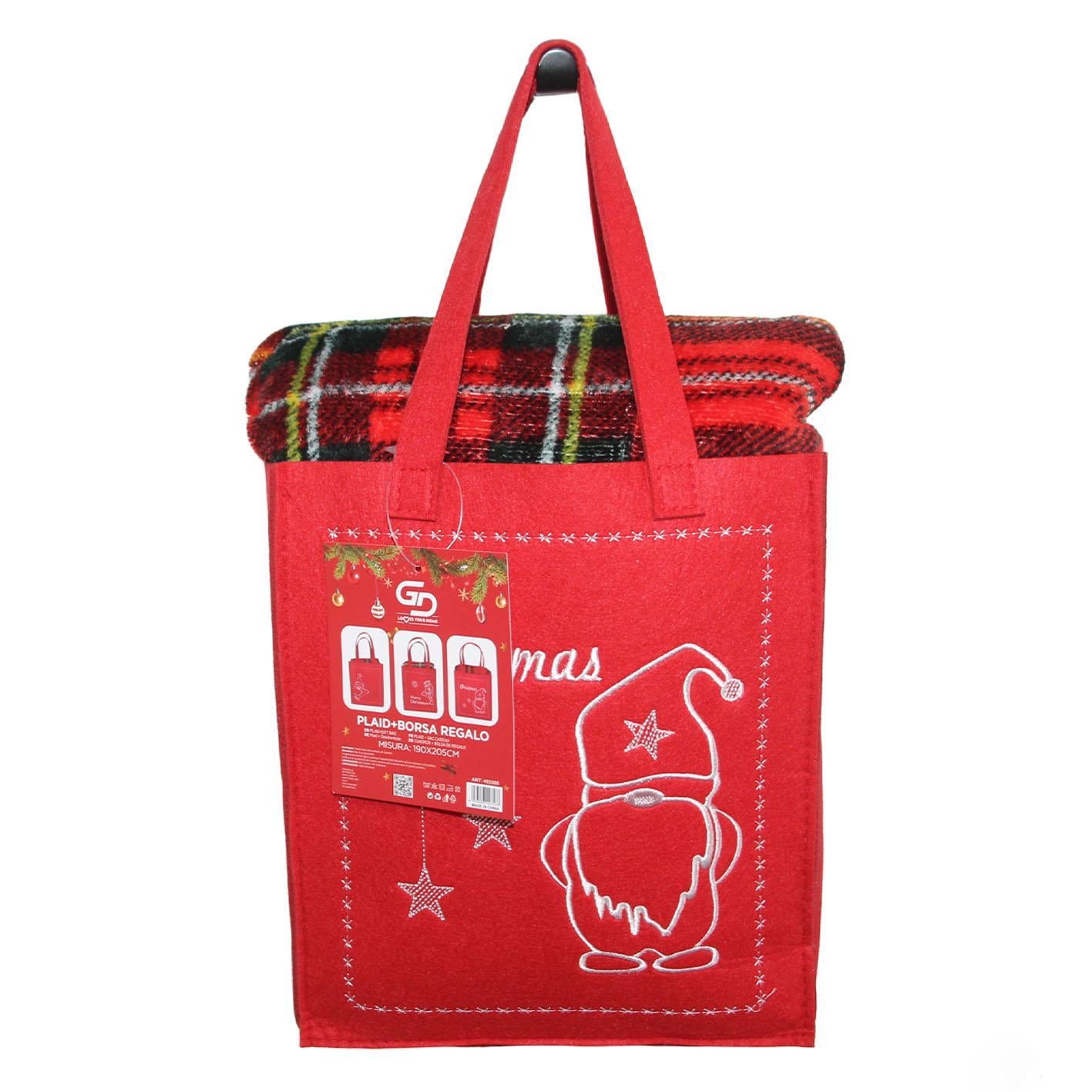 GD LOVES XMAS Set Regalo Natalizio con Plaid in Pile Morbido Borsa Regalo Tessuto Decorata Piccolo 120×150 cm Grande 190×205 cm Ideale per Regali Natalizi