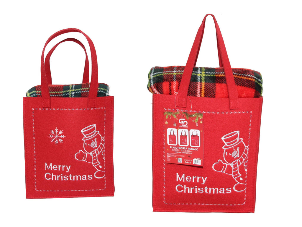 GD LOVES XMAS Set Regalo Natalizio con Plaid in Pile Morbido Borsa Regalo Tessuto Decorata Piccolo 120×150 cm Grande 190×205 cm Ideale per Regali Natalizi