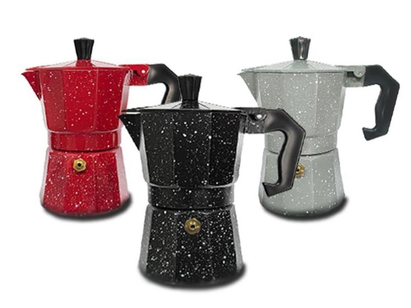 GD LOVES YOUR HOME Caffettiera Moka in Alluminio Effetto Granito (Puntinato) – 1/2/3/6 Tazze per Espresso – Valvola di Sicurezza e Manico Antiscottatura – 3 Colori: Nero / Rosso / Grigio