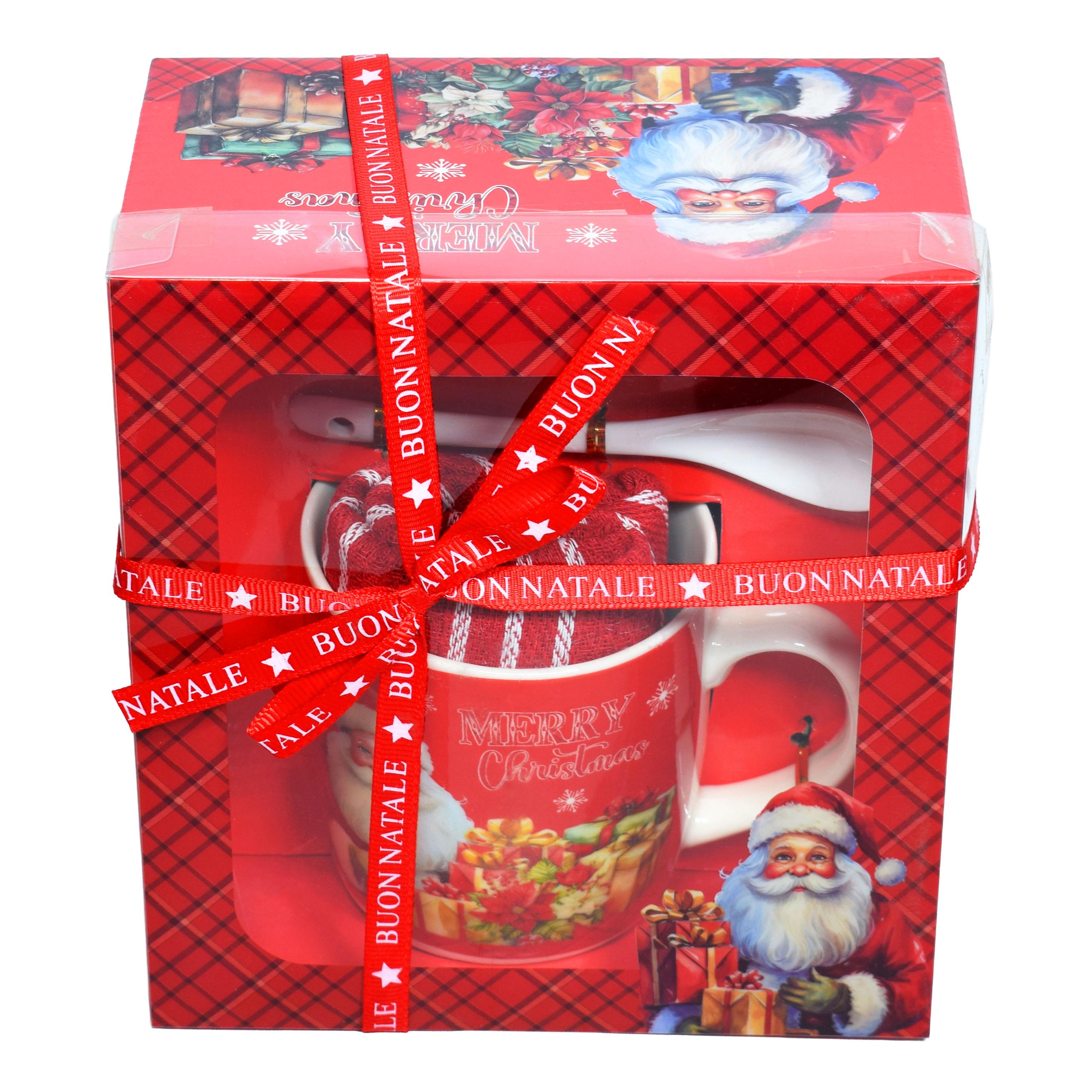 GD LOVES XMAS Set Regalo Natalizio  con Tazza, Sottobicchiere e Strofinaccio in Cotone | Confezione Regalo in Scatola Decorata – Idea Regalo di Natale per Casa e Cucina