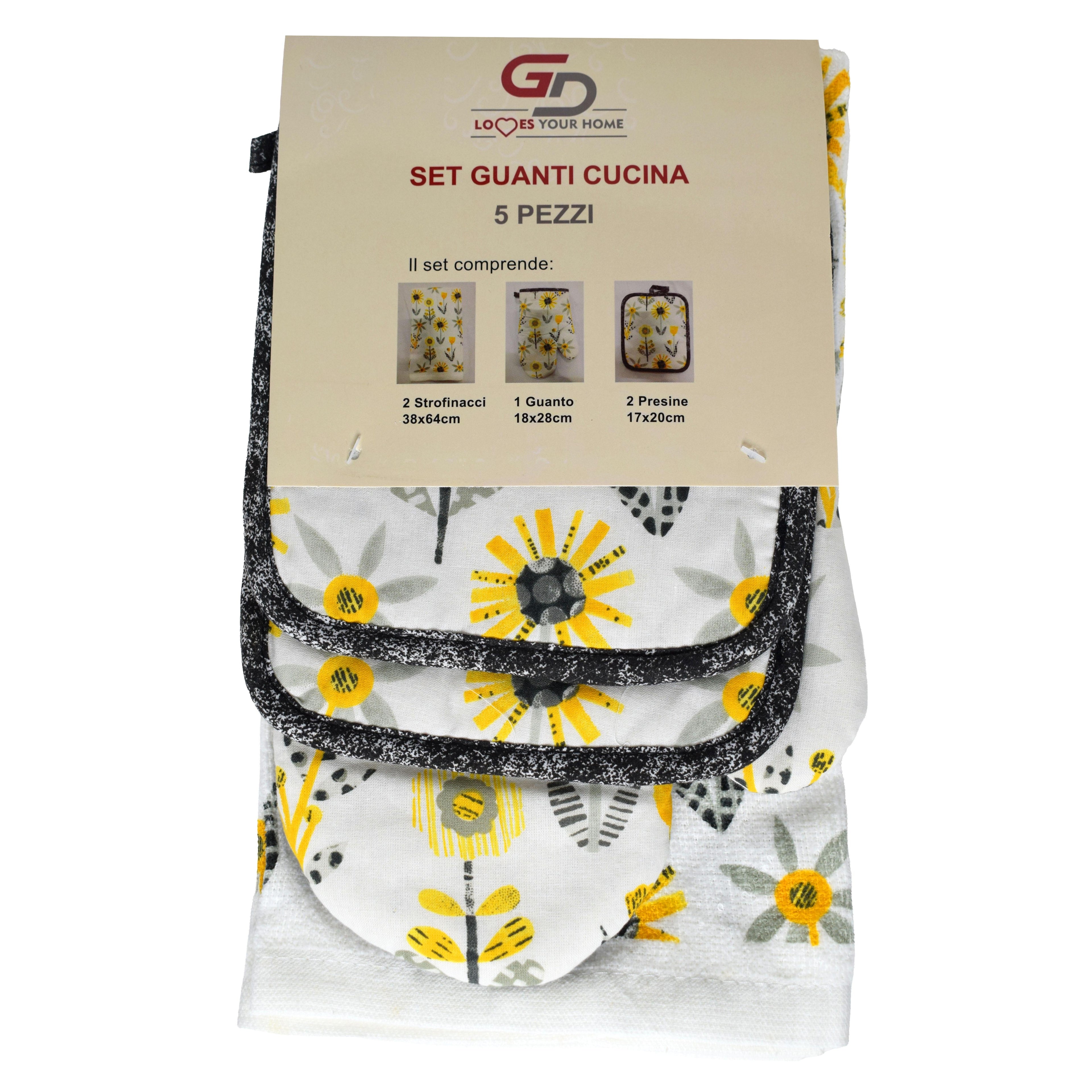 GD LA CUISINE Set Guanti da Cucina 5 Pezzi in Cotone Guanto Forno Anti Calore, Presine e Strofinacci Assorbenti, Accessori Cucina Decorativi