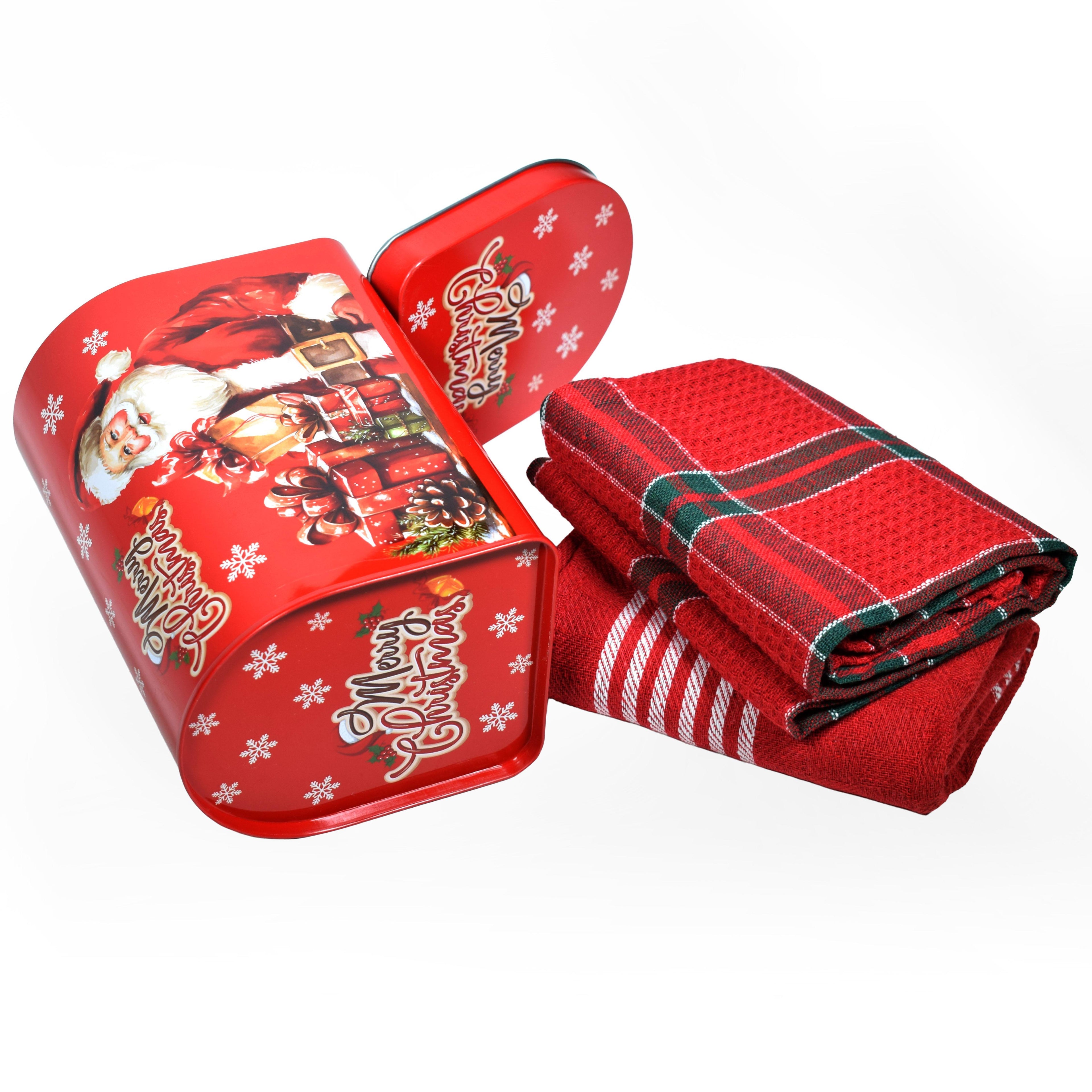 GD LOVES XMAS Set Regalo Natalizio con Latta Decorata Apribile + 2 Strofinacci Scozzesi 40×60 cm (85% Cotone) – 6 Fantasie Festive