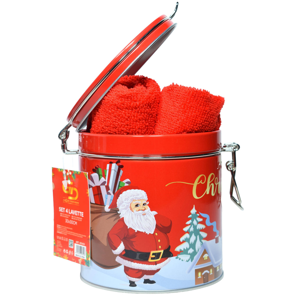 GD LOVES XMAS Mini Set Regalo Natalizio Ø11×12 cm con 4 Tovagliette in Microfibra – Scatola di Latta Decorata (4 Fantasie) – Idea Regalo Pronta e Riutilizzabile per Natale
