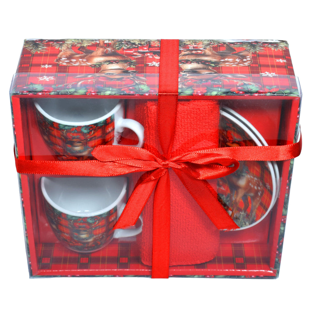 GD LOVES XMAS Set Regalo Natalizio Tazze + Piattini + Canovaccio – Confezione in Scatola Decorata | 85% Cotone, Idea Regalo per Casa o Ufficio